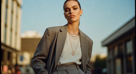 A stylish woman in a tailored gray suit, standing outdoors with a confident expression, wearing layered necklaces, against a soft-focus urban backgroundの素材