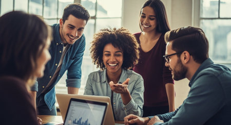 A group of young professionals collaborating in an office setting, smiling and discussing over a laptopの素材