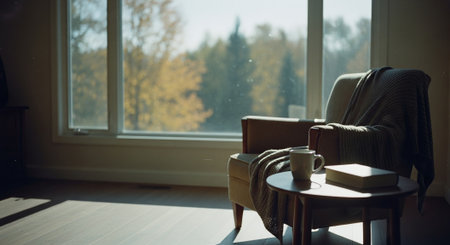 A cozy living room scene featuring a comfortable armchair draped with a blanket, a small table with a cup and a book, sunlight streaming through large windows, autumn trees visible outsideの素材