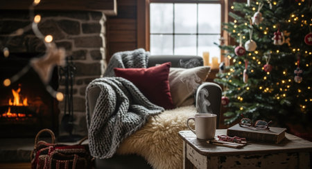 A cozy living room scene with a warm fireplace, decorated Christmas tree, and a cup of steaming hot beverage on a rustic tableの素材