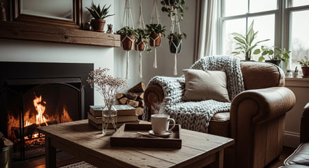A cozy living room with a fireplace, a comfortable leather armchair, a wooden coffee table, books, a cup, and plants in potsの素材