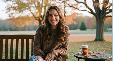 A young woman sitting on a porch swing, smiling warmly, wearing a cozy sweater, with autumn leaves in the background and a coffee mug on a tableの素材