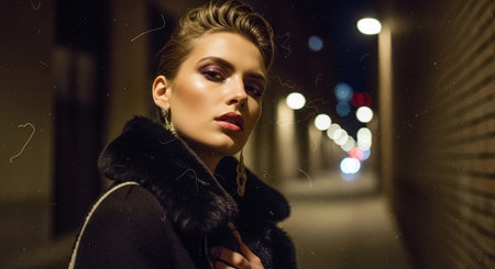 A stylish woman in a dark alley, wearing a black coat with fur collar, posing confidently, with blurred city lights in the backgroundの素材