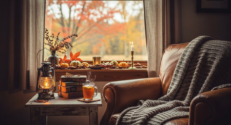 Cozy autumn scene with a leather armchair, warm blanket, lantern, books, and a drink by the window with fall foliage outsideの素材