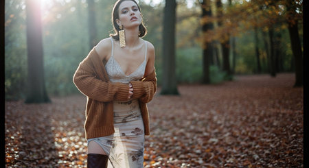 A woman in a forest during autumn, wearing a stylish outfit with a cardigan and a dress, surrounded by fallen leaves, soft sunlight filtering through treesの素材