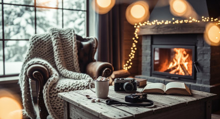 Cozy living room with a fireplace, a comfortable armchair draped with a blanket, a wooden table with a book, camera, and a cup of hot chocolate topped with marshmallows, winter ambianceの素材