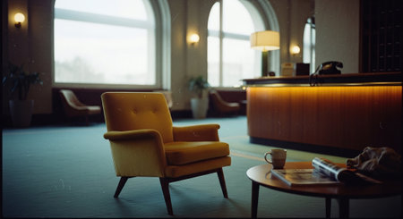 A cozy interior scene featuring a yellow armchair, a coffee table with a magazine, and a warm-lit reception area in the backgroundの素材