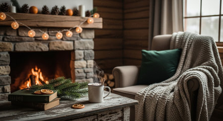 A cozy living room scene with a stone fireplace, warm fire, a comfortable armchair, a knitted blanket, books on a rustic table, and a steaming mug with dried orange slices and pine branchesの素材