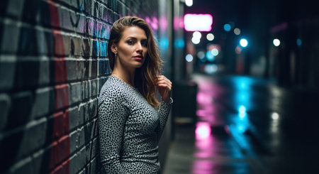A woman in a stylish outfit poses against a graffiti-covered wall in a dimly lit urban alley, with reflections on wet pavement and colorful lights in the backgroundの素材