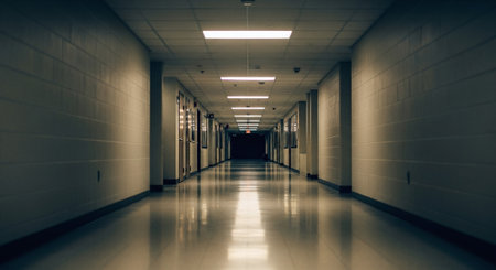 A long, empty hallway with fluorescent lights illuminating the ceiling, featuring smooth, reflective floors and plain wallsの素材