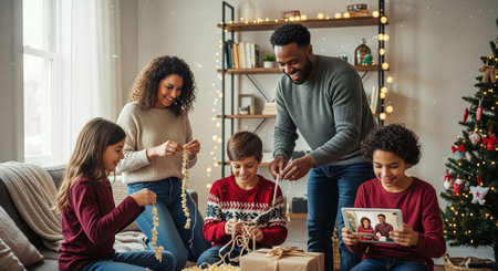 A family decorating for christmas together, with children making crafts and a decorated tree in the backgroundの素材