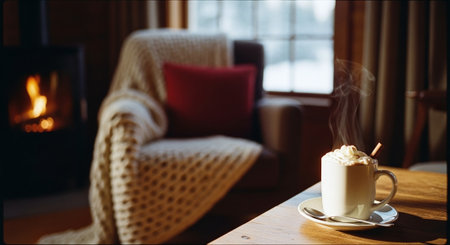 Cup of hot cocoa with marshmallow on wooden table in front of fireplaceの素材