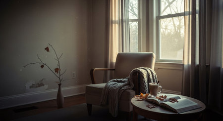 A cozy reading nook with a comfortable chair, a warm blanket, a cup of tea, and an open book on a table, featuring soft natural light from large windowsの素材