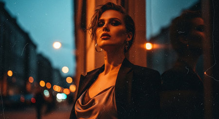 A stylish woman in a dark blazer and satin top, posing confidently on a city street at dusk, with blurred streetlights creating a bokeh effect in the backgroundの素材