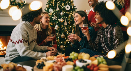 A festive gathering of friends celebrating the holidays, sitting around a table with food and drinks, decorated Christmas tree in the background, warm atmosphereの素材
