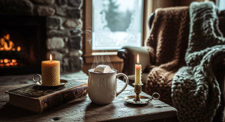 A cozy indoor scene featuring a steaming mug of hot chocolate with a marshmallow, a candle, and a vintage book on a wooden table, with a fireplace and a comfortable armchair in the backgroundの素材
