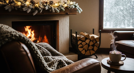 A cozy living room with a fireplace, decorated for winter, featuring a warm blanket, a cup of hot chocolate, and a stack of firewoodの素材