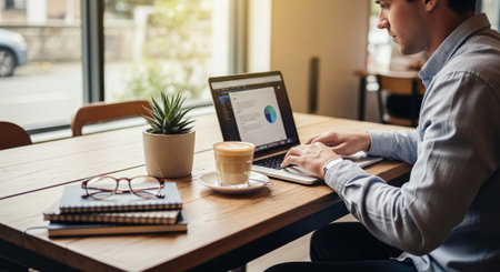 A man working on a laptop in a cozy cafe, with a cup of coffee and a potted plant on the tableの素材