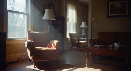 A cozy living room with soft sunlight streaming through the windows, featuring an armchair with a red leaf on it, a wooden coffee table, and bookshelves in the backgroundの素材
