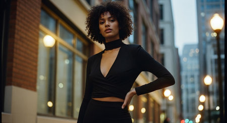 A fashionable woman with curly hair wearing a black outfit, posing confidently in an urban setting during twilight, with city buildings and street lights in the backgroundの素材
