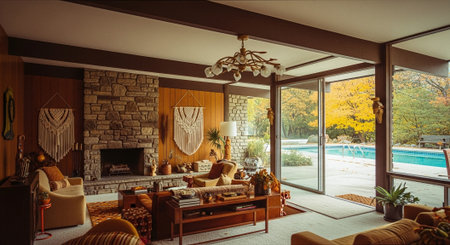 A cozy mid-century modern living room with a stone fireplace, large windows overlooking a pool, and autumn foliage outsideの素材