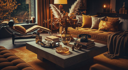 A cozy living room with a modern coffee table, decorative vase with flowers, warm lighting, and stylish furnitureの素材