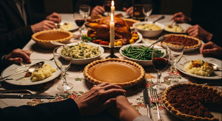 A festive dinner table set with various dishes including turkey, pies, and vegetables, surrounded by hands of people holding each other, with a candle in the centerの素材