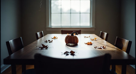 A cozy dining table set for autumn, featuring a small pumpkin in the center surrounded by dried leaves, with soft natural light coming through a windowの素材