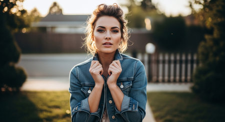 A young woman in a denim jacket posing outdoors during golden hour, with soft sunlight illuminating her face and a blurred background of greenery and a fenceの素材