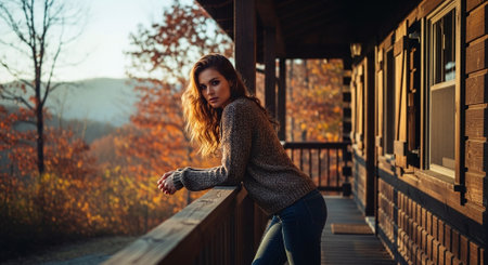 A young woman leaning on a wooden railing of a cabin porch, surrounded by autumn foliage and mountains in the background, warm sunset lightの素材