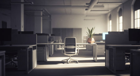 A modern, empty office space with a single desk and chair, featuring a potted plant, soft lighting, and rows of cubicles in the backgroundの素材
