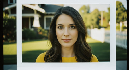 A woman with long brown hair and a yellow sweater, smiling softly in front of a house and gardenの素材
