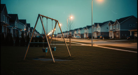 A quiet suburban street at dusk with a swing set in the foreground, streetlights illuminating the area, and houses lining the streetの素材