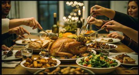 A festive dinner scene with people gathered around a table, enjoying a large roasted turkey surrounded by various side dishes and drinksの素材