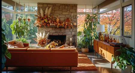 A cozy living room with a stone fireplace, decorated with autumn flowers and plants, large windows showcasing fall foliage outside, warm lightingの素材