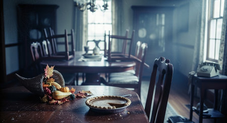 A rustic dining room with a wooden table set for a meal, featuring a cornucopia filled with autumn fruits and a pumpkin pie, soft lighting creates a warm atmosphereの素材