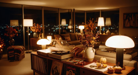 A cozy living room at night with warm lighting, featuring a record player, flowers, and decorative pumpkinsの素材