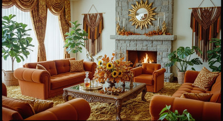 A cozy living room with orange sofas, a stone fireplace, and autumn decorations including sunflowers and plantsの素材