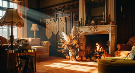 A cozy living room decorated for autumn, featuring a fireplace with a warm fire, pumpkins, and fall foliage, soft lighting streaming through a windowの素材
