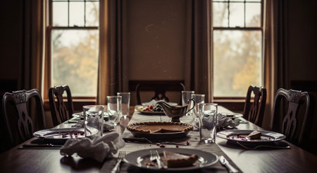A beautifully set dining table with a pie, glasses, and cutlery, illuminated by natural light from windows, evoking a warm, inviting atmosphereの素材