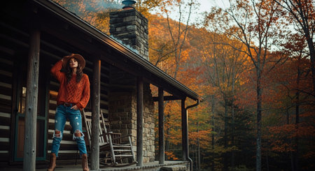 A woman in a cozy sweater and hat standing on a porch, surrounded by autumn foliageの素材