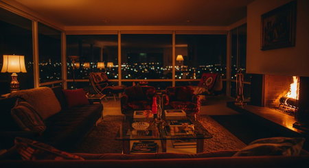 A cozy living room at night with warm lighting, featuring a sofa, armchairs, a coffee table with magazines, and a fireplace, large windows showing city lights outsideの素材
