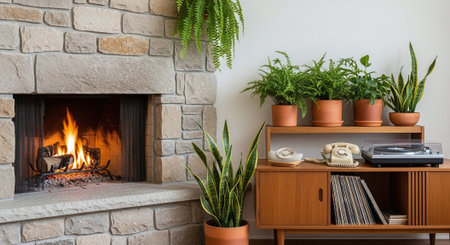 A cozy living room featuring a stone fireplace with a warm fire, surrounded by potted plants on a wooden shelf, and a vintage record player with vinyl recordsの素材