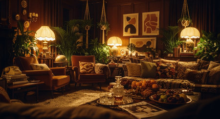 A cozy, vintage living room with warm lighting, featuring plants, retro furniture, and decorative art on the wallsの素材