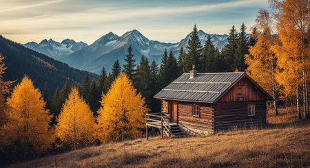 A cozy wooden cabin surrounded by vibrant autumn trees and mountains in the backgroundの素材