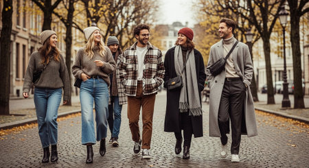 A group of friends walking together on a cobblestone street in autumn, wearing stylish outfits and hats, surrounded by trees with yellow leavesの素材
