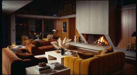 A cozy modern living room with a fireplace, featuring orange and yellow sofas, wooden accents, and decorative plantsの素材