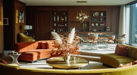 A stylish mid-century modern living room featuring colorful sofas, a round coffee table, and decorative vases with plantsの素材