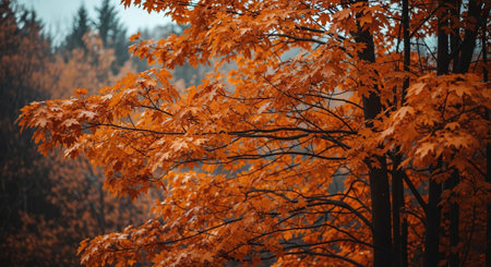 Vibrant orange autumn leaves on trees, creating a warm and cozy atmosphereの素材