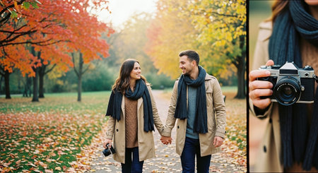 A couple walking hand in hand in a park during autumn, surrounded by colorful fall foliage, one holding a cameraの素材